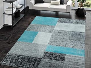 TT Home Alfombra Pelo Corto Fácil Limpiar Cuadrados Vintage Blanco Gris Turquesa, Größe:160x230 cm