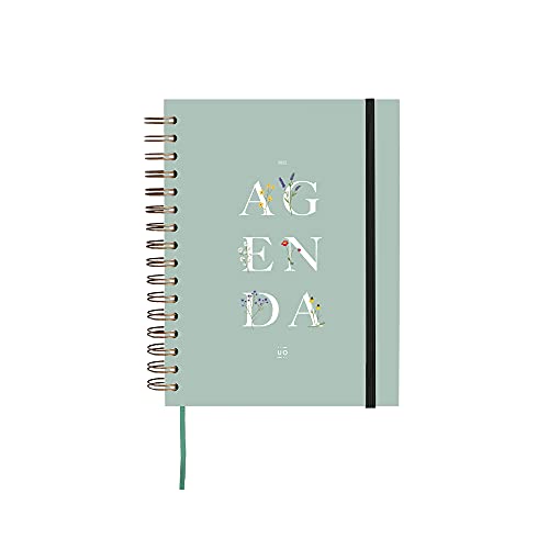 UO 8435449351871 Agenda 2022, Silvestre, Papel 100gr, 126 pegatinas, goma elástica, cinta registro y bolsillo, Verde Menta, Día Página 17x22 cm