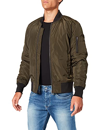 Urban Classics Cazadora de Hombre Chaqueta Bomber de Estilo Urbano, en Verde Oliva con Cuello, Cintura y Puños Negros a Contraste, Cierre con Cremallera, darkolive/Black, L