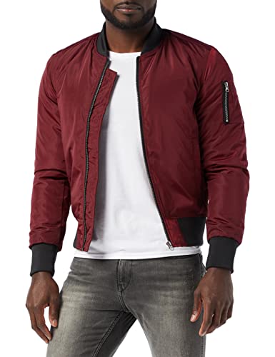 Urban Classics Cazadora de Hombre Chaqueta Bomber de Estilo Urbano, en Burdeos con Cuello, Cintura y Puños Negros a Contraste, Cierre con Cremallera, Burgundy/Black, L