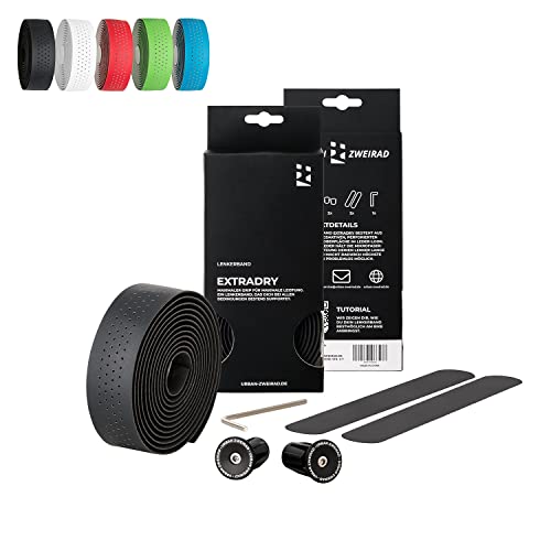 URBAN ZWEIRAD Premium Extra Dry - Cinta adhesiva para manillar de bicicleta de carreras, incluye tapones de aluminio para manillar de bicicleta de carreras, color negro
