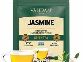 VAHDAM, Té Verde Flor de Jazmín (100 Bolsitas de Té) | Té Verde Jazmín con Flores | Ingredientes 100% Naturales | Bolsitas Piramidales de Té Verde | Té Verde Floral