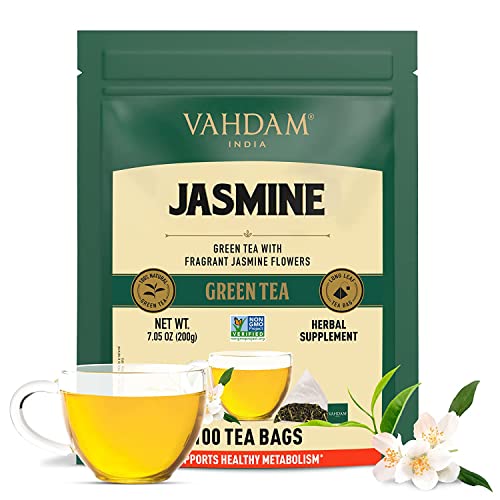 VAHDAM, Té Verde Flor de Jazmín (100 Bolsitas de Té) | Té Verde Jazmín con Flores | Ingredientes 100% Naturales | Bolsitas Piramidales de Té Verde | Té Verde Floral