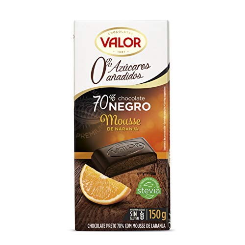 Valor - Chocolate Negro 70% Mousse de Naranja y Sin Azúcares Añadidos. Intenso Sabor y Cremosidad. Apto para Celíacos y Diabéticos - 150 Gramos