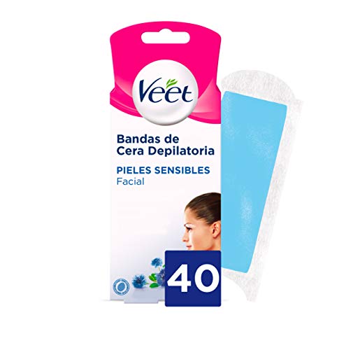 Veet Bandas de Cera Fria Depilatoria para Depilación Facial Adecuado para Labio Superior (Bigote), Easy Gelwax, Pieles Sensibles, 40 tiras