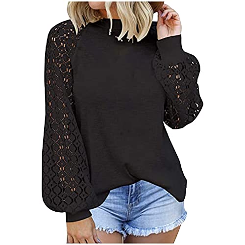 VEMOW Blusas y Camisas de Manga Corta para Mujer, 2021 Moda Casual Camiseta de Encaje Crochet para Mujer Tops Túnica de Manga Larga Ahuecados Blusa Sudadera Suelta Casual Patchwork(C Negro,XXL)