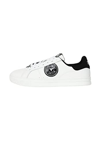 VERSACE JEANS COUTURE Zapatillas bajas de piel sintética blanca con V-Emblem laminado negro 72YA3SK1, Color blanco., 44 EU