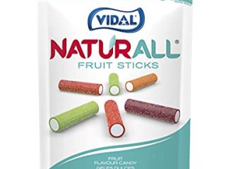 Vidal Golosinas. Naturall Fruit Sticks. Trocitos de Regaliz Vegano Pica con colorantes y aromas Naturales. Sabores Fresa, Manzana, Cereza, Melocotón. Doypack 180 g.