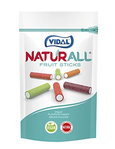 Vidal Golosinas. Naturall Fruit Sticks. Trocitos de Regaliz Vegano Pica con colorantes y aromas Naturales. Sabores Fresa, Manzana, Cereza, Melocotón. Doypack 180 g.