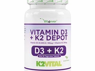 Vitamina D3 20.000 I.U + Vitamina K2 200 mcg Menaquinone MK7 Depot - 180 Comprimidos - 99.7+% All-Trans - Vegetariano - Altamente dosificado