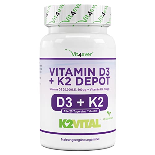 Vitamina D3 20.000 I.U + Vitamina K2 200 mcg Menaquinone MK7 Depot - 180 Comprimidos - 99.7+% All-Trans - Vegetariano - Altamente dosificado