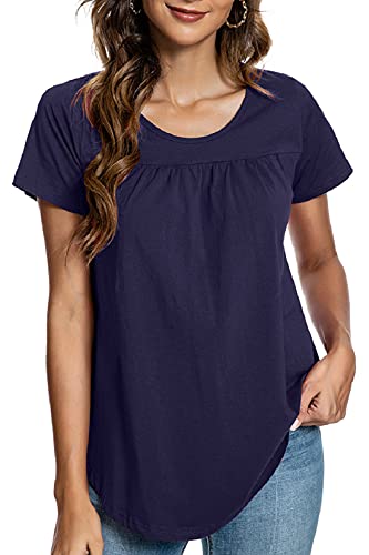 Voqeen Blusa de Mujer Camiseta de Manga Corta Algodón Blusa Elegante Camisa Suelta Mujer Casual Verano Shirts (Azul Marino, M)