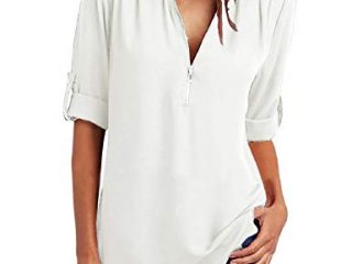 Voqeen Blusa de Mujer Camisetas de Gasa Tops Cremallera Manga Corta Blusas Cuello en V Ropa (Blanco, S)
