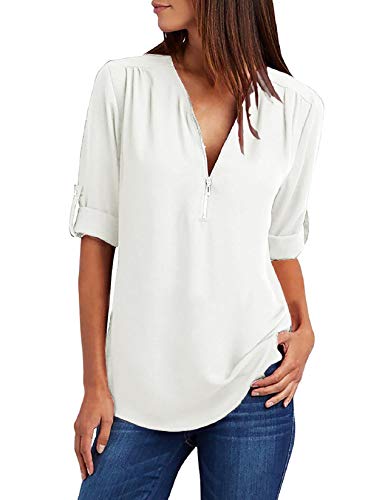 Voqeen Blusa de Mujer Camisetas de Gasa Tops Cremallera Manga Corta Blusas Cuello en V Ropa (Blanco, S)