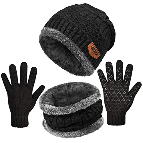 Voqeen Gorras Invierno con Bufanda y Suave Encantador Invierno Guantes Táctiles Antideslizante 3 en 1 de Punto Sombreros para Mujeres y Hombres (Negro)
