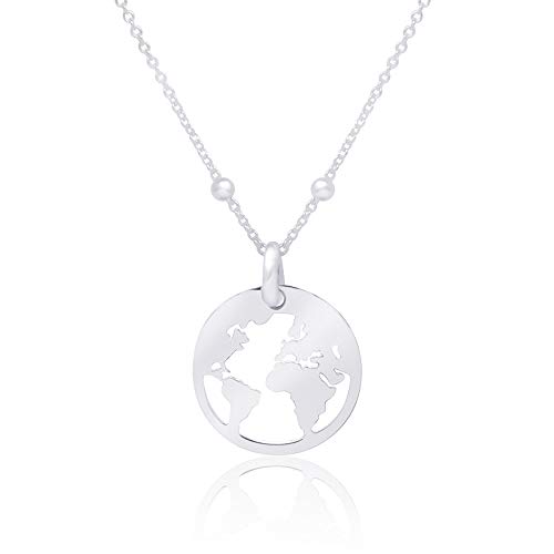 WANDA PLATA Collar Mundo para Mujer Chica Joven de Plata de Ley 925, Joyería Bola del Mundo, Colgante Mapamundi, Gargantilla Globo Terráqueo, World Tierra Continentes
