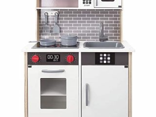 WOOMAX - Cocina juguete de madera con accesorios, utensilios de cocina, por niños 3 años, juguete Luz y Sonidos, juguete moderna, color blanco