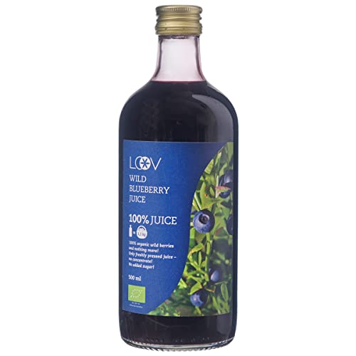 Zumo de Arándanos Silvestres Orgánico LOOV, 500 ml, cosechado en bosques nórdicos, rico en antioxidantes, 100% de arándanos prensados ​​directamente, no de concentrado, sin agua ni azúcar añadido