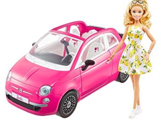 Barbie con su coche Fiat Muñeca rubia con vestido de moda y vehículo rosa de juguete, regalo para niñas y niños +3 años (Mattel GXR57)