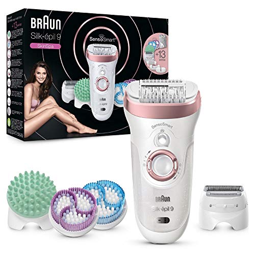 Braun Silk-épil 9 SkinSpa Depiladora Mujer con Tecnologí­a SensoSmart y 13 Accesorios, Exfolia, Masajea, Afeita y Recorta, Inalámbrica, 9-990, Blanco/Rosa