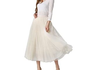 DEBAIJIA Falda Larga De Tul Plisada Tutu Malla De Noche Fiesta Moda Cintura Elástica para Mujer - Beige