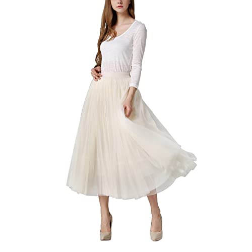 DEBAIJIA Falda Larga De Tul Plisada Tutu Malla De Noche Fiesta Moda Cintura Elástica para Mujer - Beige