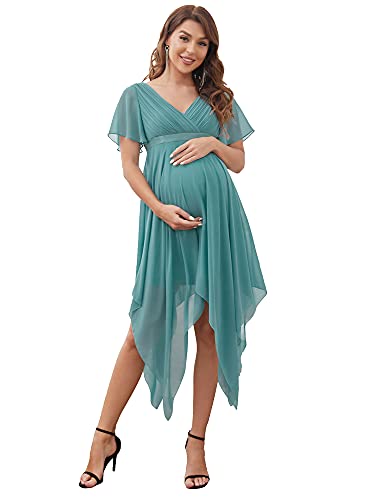 Ever-Pretty Mujer Embarazada Vestido de Fiesta Asimétrico Largo para Mujer Cómodo Fotográficas de Maternidad Azul Polvoriento 36