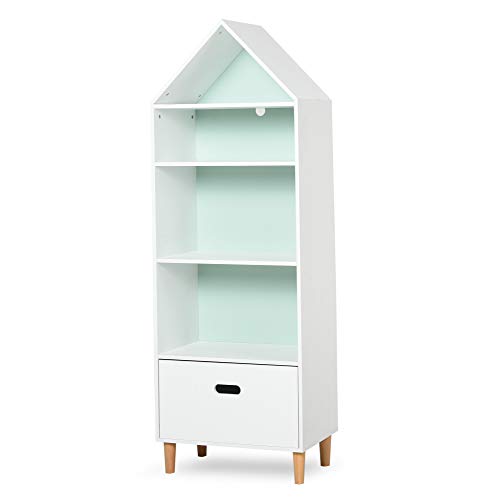 HOMCOM Estantería Infantil Librería de Madera para Niños para Libros Juguetes DVDs con 4 Estantes 1 Cajón Tablero de 2 Colores Diseño Compacto 50x30x142 cm Blanco