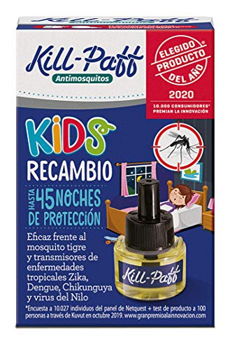 Kill Paff Kids| Insecticida Eléctrico| Antimosquitos |Eficaz Contra Mosquito Tigre y Transmisores de Enfermedades Tropicales |sin Olor|45 Noches de Protección |Contenido: 1 Recambio