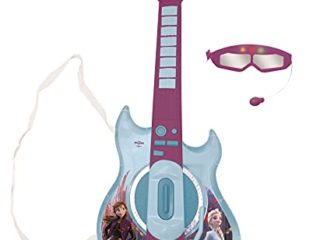LEXIBOOK- 0 Disney Frozen Elsa Anna Guitarra electrónica Luminosa, Gafas con micrófono, melodías Incluidas, Enchufe para MP3, Azul/púrpura