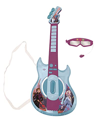 LEXIBOOK- 0 Disney Frozen Elsa Anna Guitarra electrónica Luminosa, Gafas con micrófono, melodías Incluidas, Enchufe para MP3, Azul/púrpura