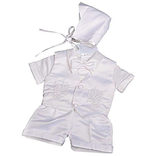 Lito Angels - Ropa Traje Saten de Bautizo Bautismo para Bebe Niño con Gorro Capó, Blanco, Manga Corta, Talla 0-3 Meses