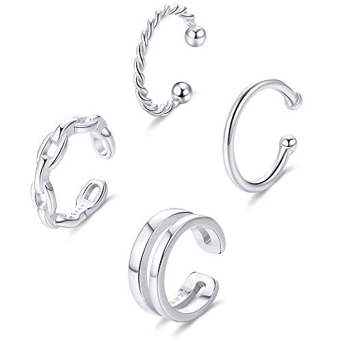 Milacolato 4Pcs Plata de Ley 925 Ear Cuff Aro de Cartílago Pequeño Anillo de Nariz de Labio Ajustable Joyería de Moda para Mujeres Pendientes Sin Piercing