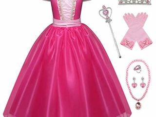 New front Disfraz Niña Princesa Aurora Vestido La Bella Durmiente Navidad Cumpleaños Largo Costume Diadema Varita Mágica Guantes Collar Traje Regalo Halloween Carnaval 3-8 Años
