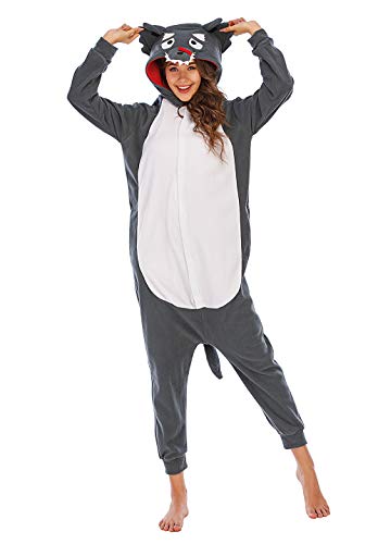 Pijama de Animal Unisexo Adulto Cosplay Disfraz con Capucha Onesies Kigurumi Pyjama Mamelucos Ropa De Dormir,LTY33,Lobo,XL