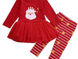 Traje Navidad de Bebé Niña Conjunto Vestido Navideño en Tul de Manga Larga con Dibujo de Santa Claus + Pantalones a Rayas (0-3 Años)