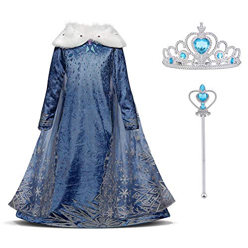 URAQT Disfraz de Elsa, Vestido de Princesa Elsa, Vestido de Copo de Nieve de Encaje Fino con Varita de Hada y Tiara de Corona, para Cumpleaños, Fiesta de Navidad de Halloween 120cm