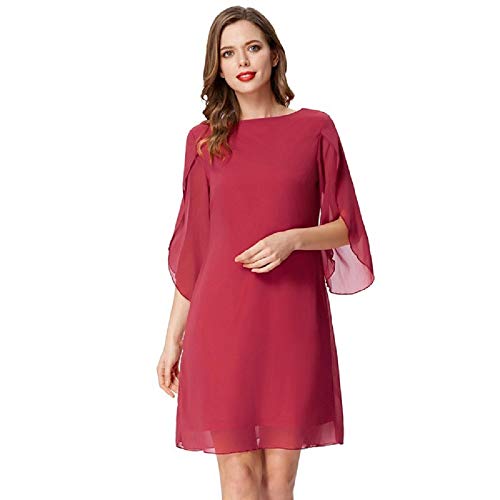 Vestido de Gasa para Mujer 3/4 Manga Casual Cuello Redondo Elegante Vestido para Primavera Oliva Rojo M CL010888-2