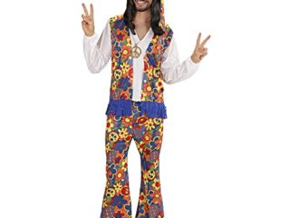 Widmann - Disfraz de Hippie Hombre, camisa con chaleco, pantalón, pañuelo en la cabeza, collar con medallón, carnaval, fiesta temática