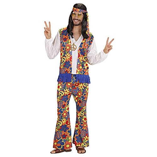 Widmann - Disfraz de Hippie Hombre, camisa con chaleco, pantalón, pañuelo en la cabeza, collar con medallón, carnaval, fiesta temática