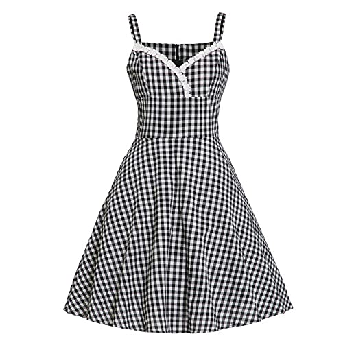 YLDCN Faldas para Mujer Vestido De Encaje con Cuello En V De Cuadros Vichy Bolsillos De Mujer Vestidos De Verano De Cintura Alta A Cuadros-As_Shown_XXL