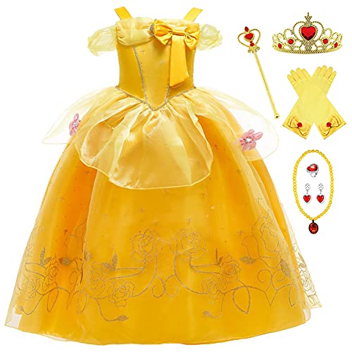 YOSICIL Disfraz Princesa Niña Vestido Trajes Belle Tul la Bella y la Bestia Carnaval Fiesta Cumpleaños Halloween Cosplay Festival Partido, Fuera del Hombro,Amarillo, 110