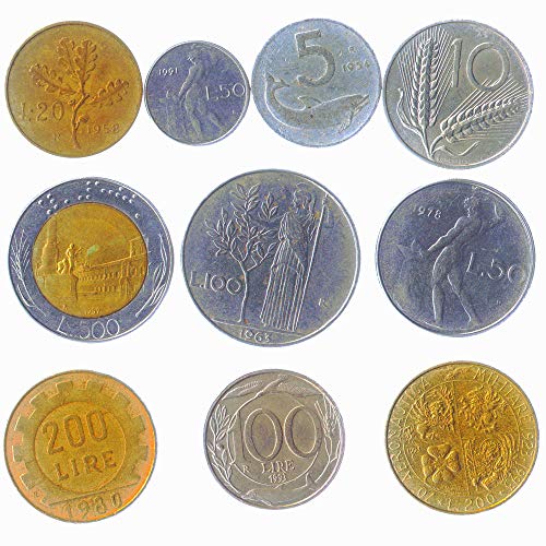 10 Italia Mixto Monedas Italiana Lira Liras Repubblica Italiana De 1946-2001 Pre-Monedas En Euros. Ideal para Banco De Moneda, Sostenedores De Moneda Y Album De Monedas