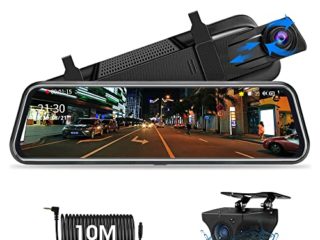 10" Mirror Dash CCM Pantalla Tácti Retrovisor, Delantera y Trasera 1080P Streaming Media con Cables de 10 m Lente Doble Súper Visión Nocturna Gran Angular de 170 ° Monitor de estacionamiento