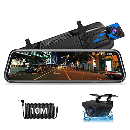 10" Mirror Dash CCM Pantalla Tácti Retrovisor, Delantera y Trasera 1080P Streaming Media con Cables de 10 m Lente Doble Súper Visión Nocturna Gran Angular de 170 ° Monitor de estacionamiento