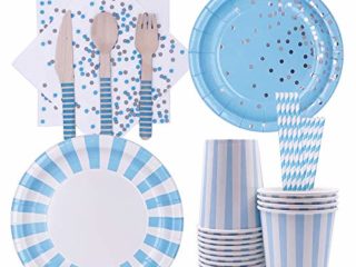 128 Piezas Juego Vajilla Desechable, Cubiertos Desechables Azul, para Fiestas, Bodas, Aniversarios, Cumpleaños, Fiestas de Bodas (16 Invitados)