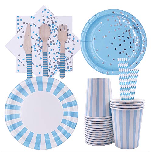 128 Piezas Juego Vajilla Desechable, Cubiertos Desechables Azul, para Fiestas, Bodas, Aniversarios, Cumpleaños, Fiestas de Bodas (16 Invitados)