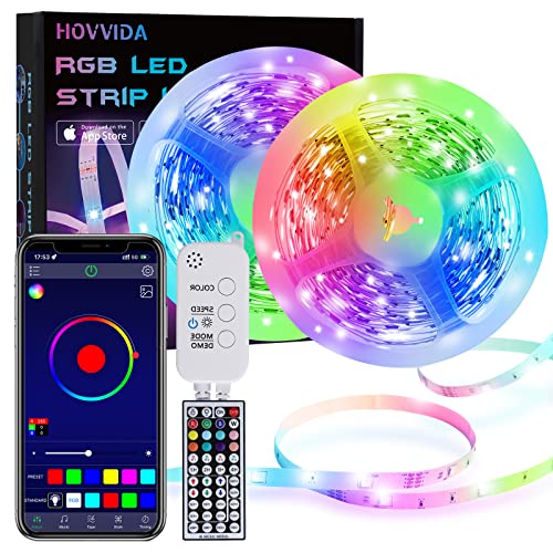 15M Tiras LED RGB 5050 Música, HOVVIDA Bluetooth Luces de Tiras LED 12V para Habitación, Controladas por APP, IR Control Remoto y Controlador, 16 Milliones de Colores, 28 Estilos, Modo de Horario