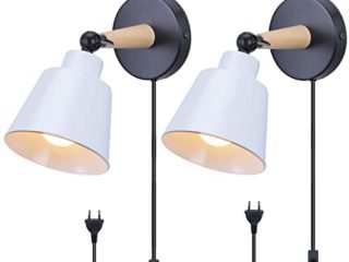 2 Piezas Aplique de Pared Moderno, TOKIUS Lámparas de Pared para Dormitorio E27 Iluminación Interior Luz de Pared en Madera y Metal Ajustable Lámparas para Salón Pasillo (Blanco, con Interruptor)