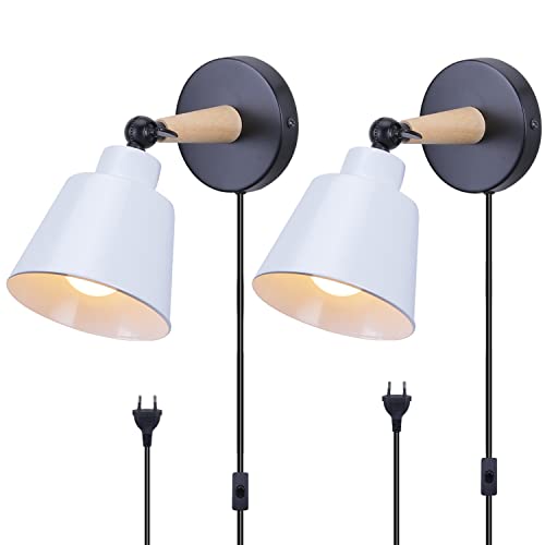 2 Piezas Aplique de Pared Moderno, TOKIUS Lámparas de Pared para Dormitorio E27 Iluminación Interior Luz de Pared en Madera y Metal Ajustable Lámparas para Salón Pasillo (Blanco, con Interruptor)